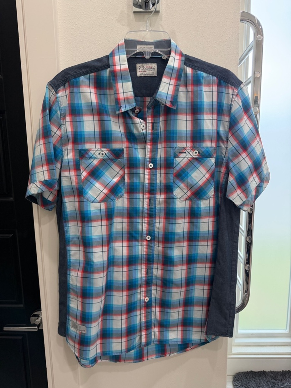 7 Diamonds Blue, Red and White Plaid Short-Sleeve Button-Down Shirt